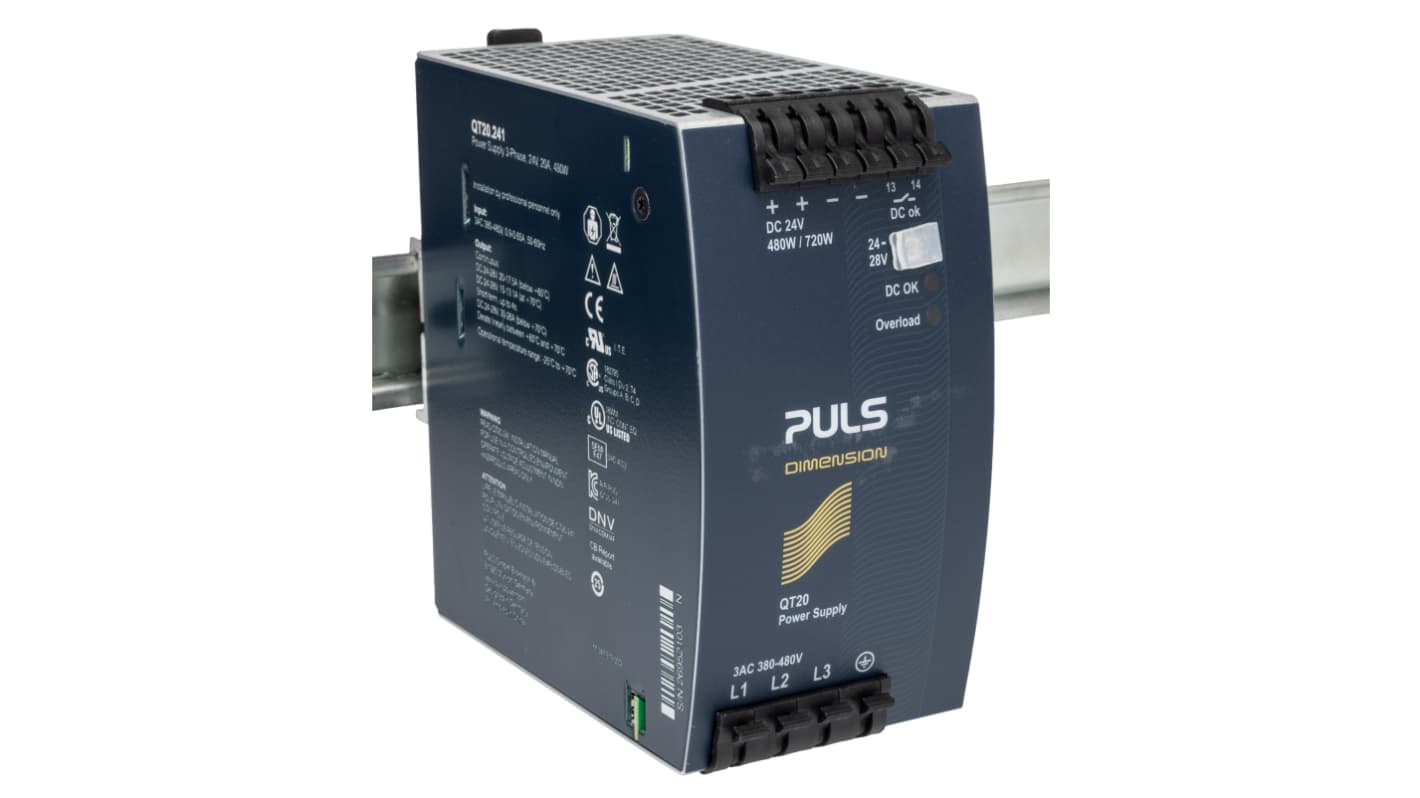 PULS DIN-sín tápellátás, BE: 380 → 480V ac, 1 kimenet, 24V dc, 20A, 480W