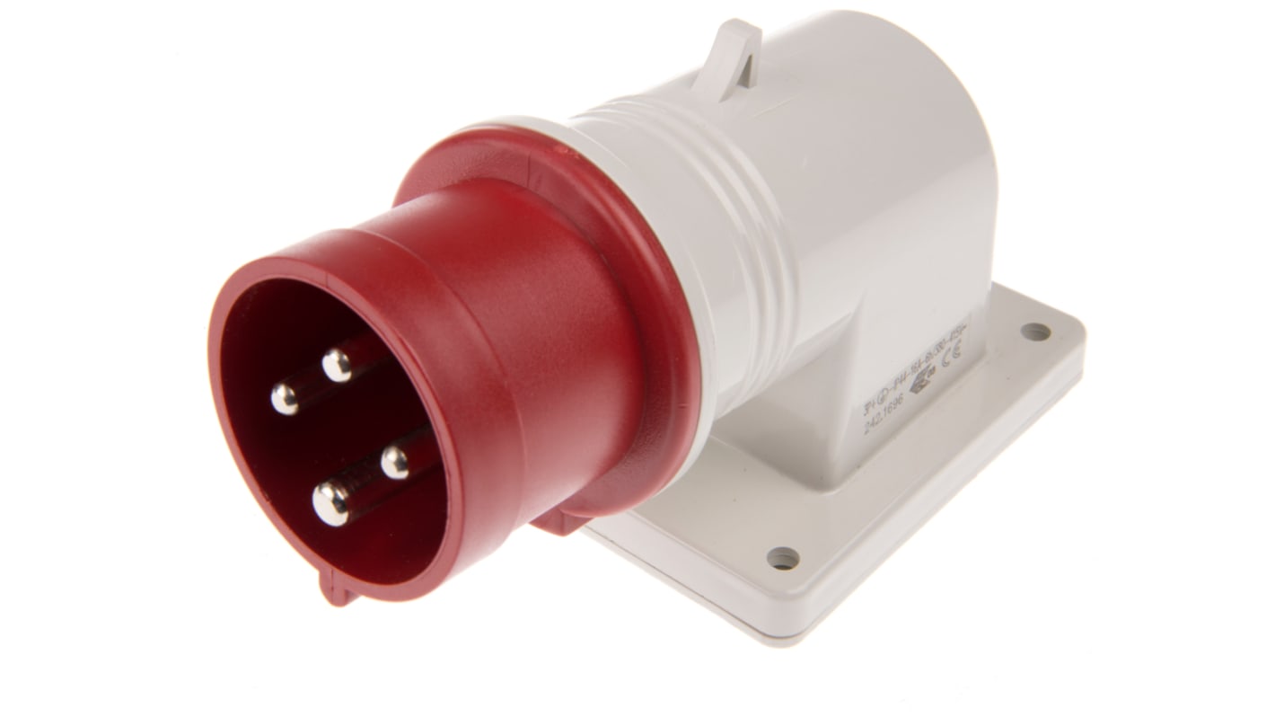 Conector de potencia industrial Macho, Formato 3P + E, Orientación Ángulo de 90° , Rojo, 415 V, 16A, IP44