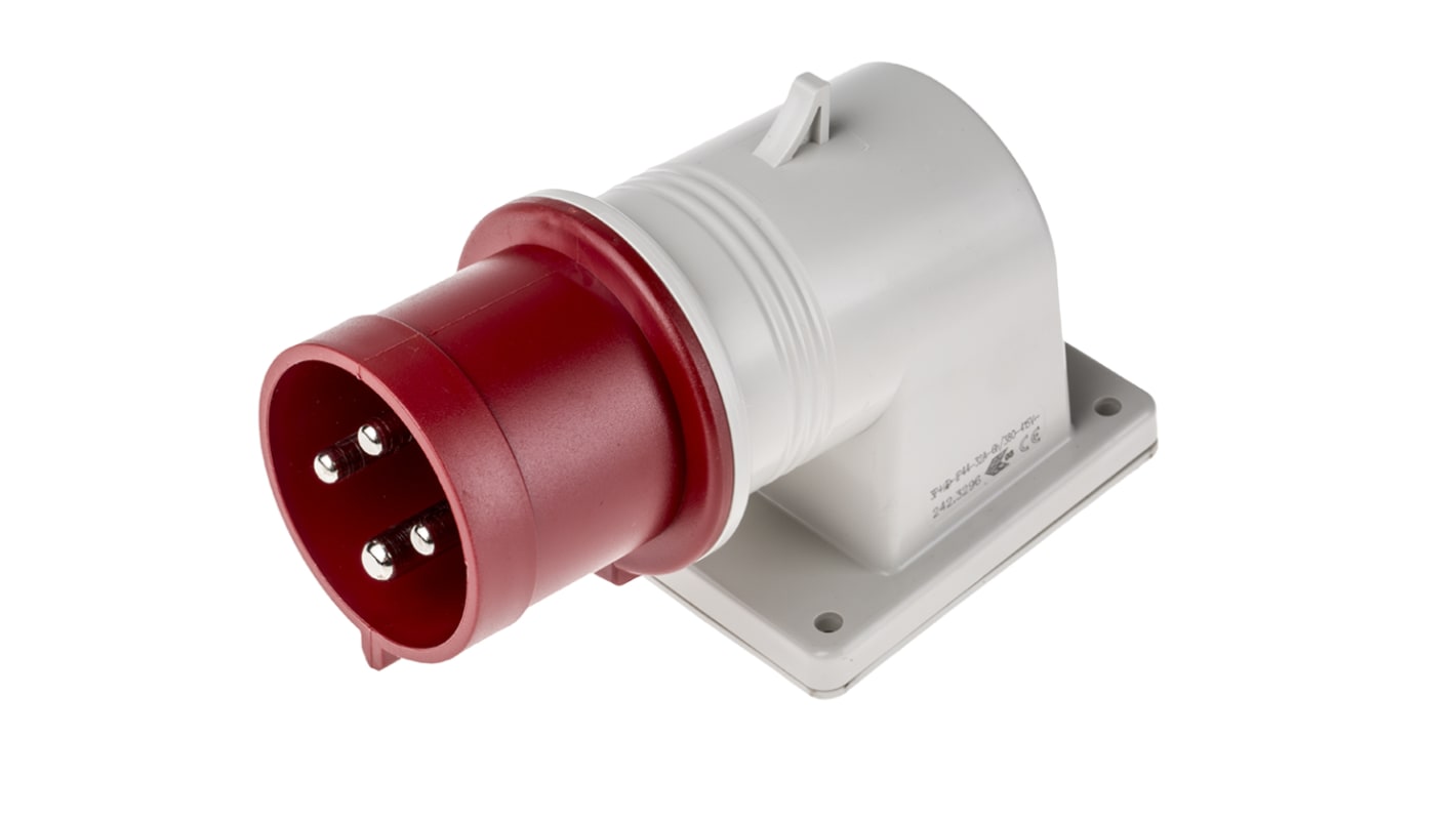 Conector de potencia industrial Macho, Formato 3P + E, Orientación Ángulo de 90° , Rojo, 415 V, 32A, IP44