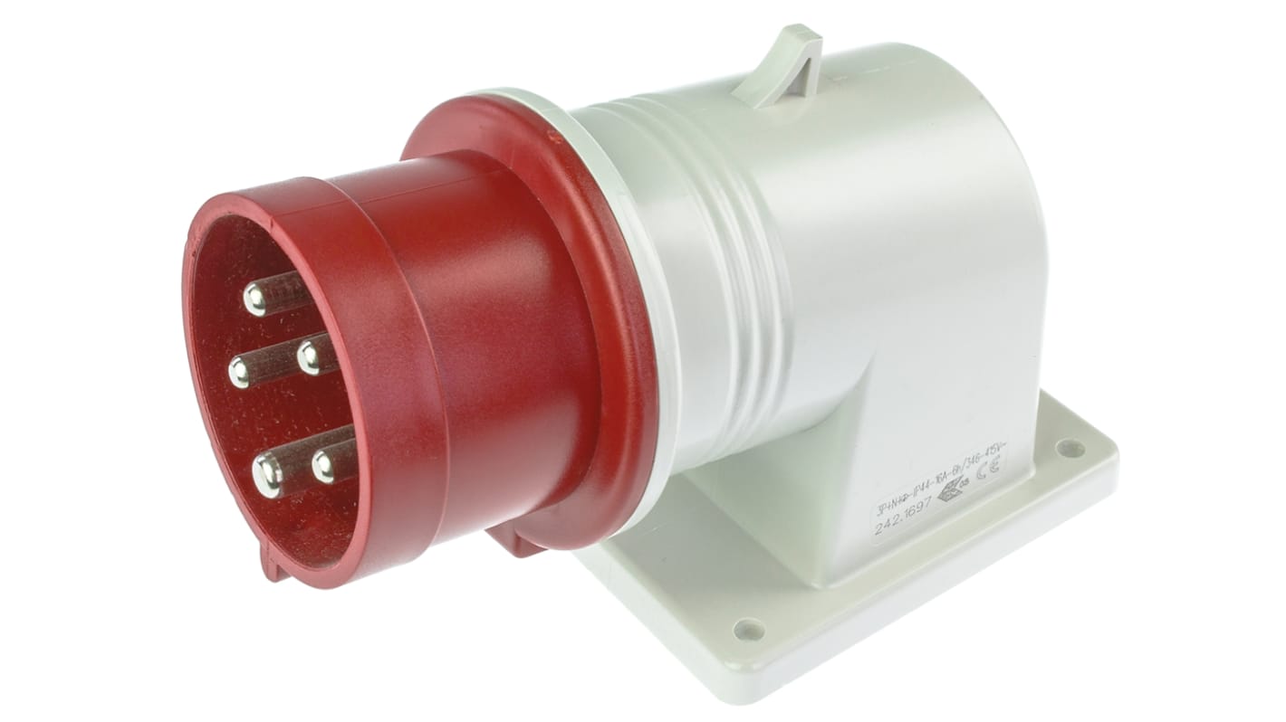 Scame IP44 Red Wall Mount 3P + N + E Right Angle Industrial Power Plug, Rated At 16A, 415 V