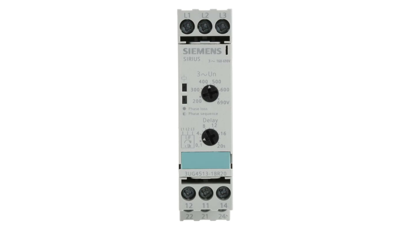 Siemens Phase, Voltage Monitoring Relay, 3 Phase, DPDT, 160 → 690V ac, DIN Rail