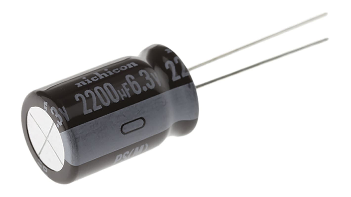 Nichicon PS, THT Aluminium-Elektrolyt Kondensator 2200μF ±20% / 6.3V dc, Ø 12.5mm x 20mm, bis 105°C