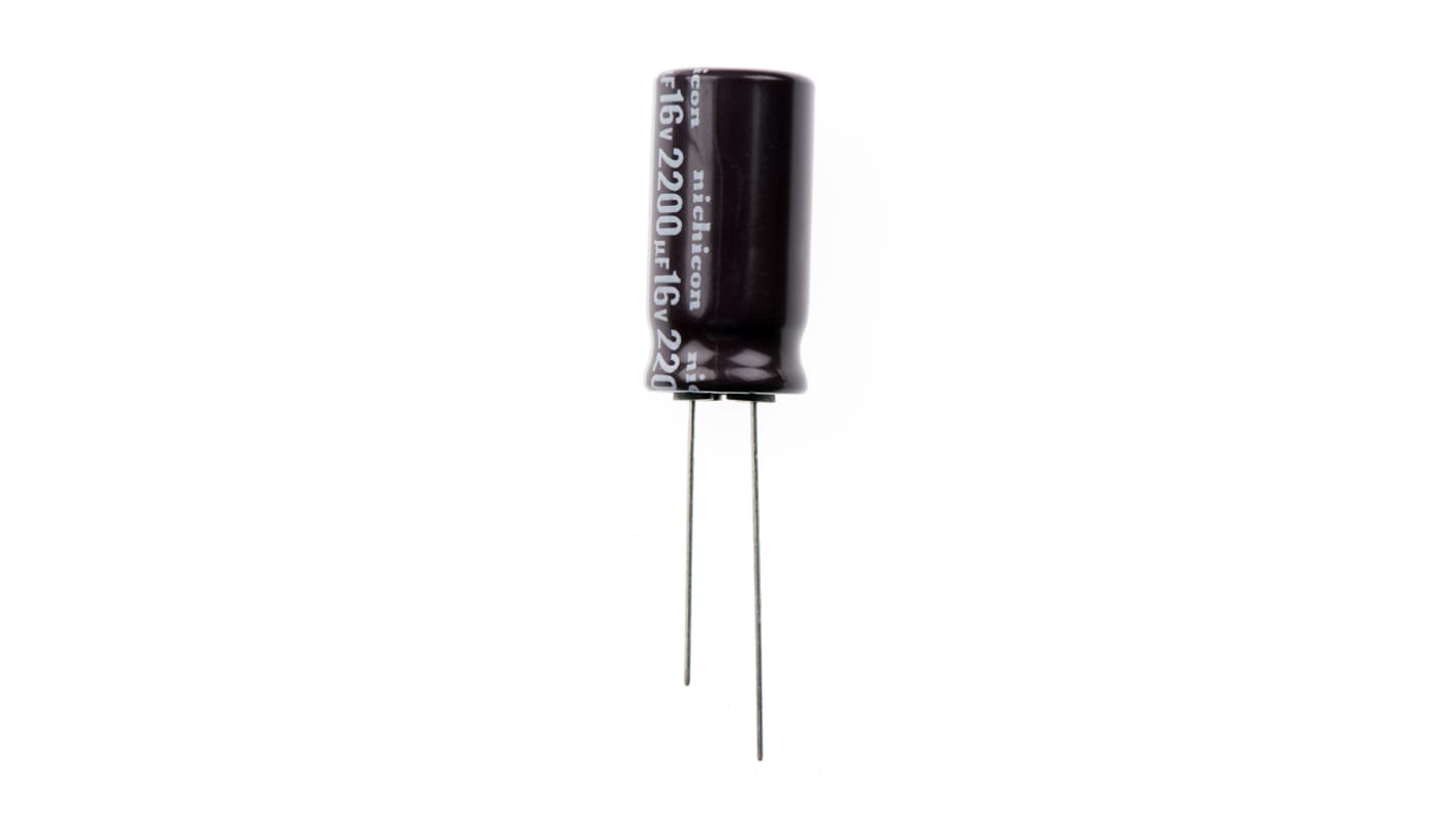 Nichicon 2200μF Aluminium Electrolytic Capacitor 16V dc, Radial, Through Hole - UPS1C222MHD