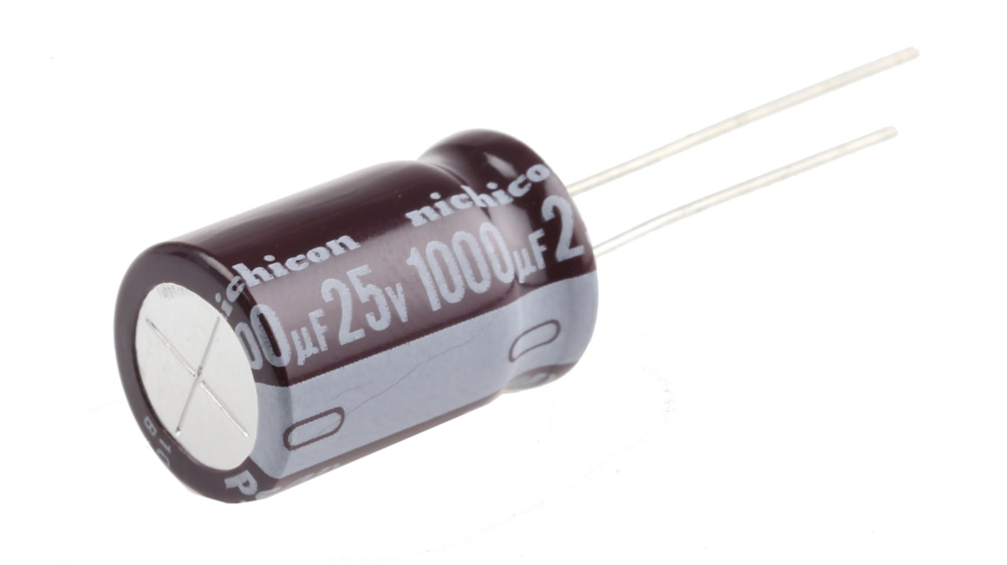 Condensador electrolítico Nichicon serie PS, 1000μF, ±20%, 25V dc, Radial, Orificio pasante, 12.5 (Dia.) x 20mm, paso