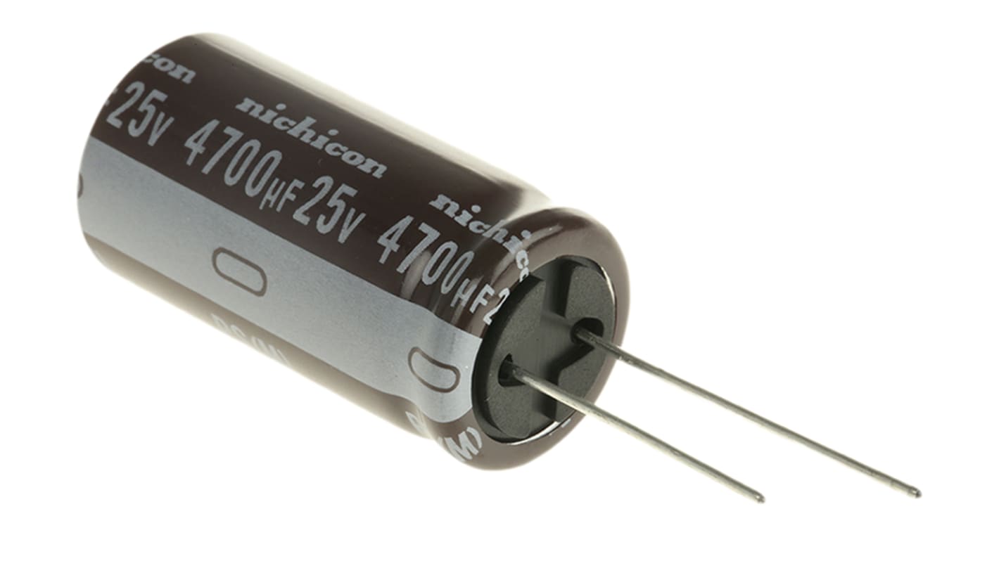 Condensador electrolítico Nichicon serie PS, 4700μF, ±20%, 25V dc, Radial, Orificio pasante, 18 (Dia.) x 35.5mm, paso