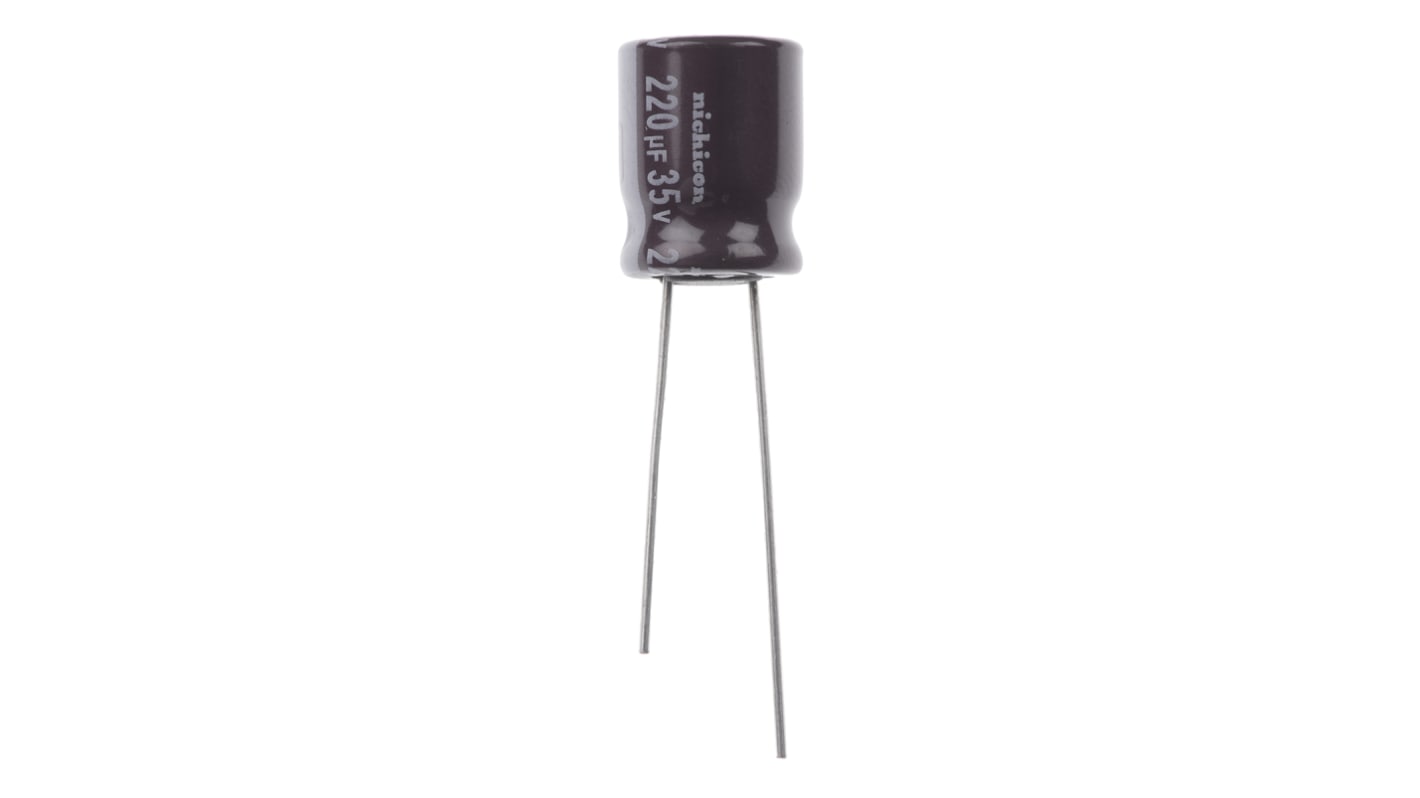 Condensador electrolítico Nichicon serie PS, 220μF, ±20%, 35V dc, Radial, Orificio pasante, 10 (Dia.) x 12.5mm, paso 5mm