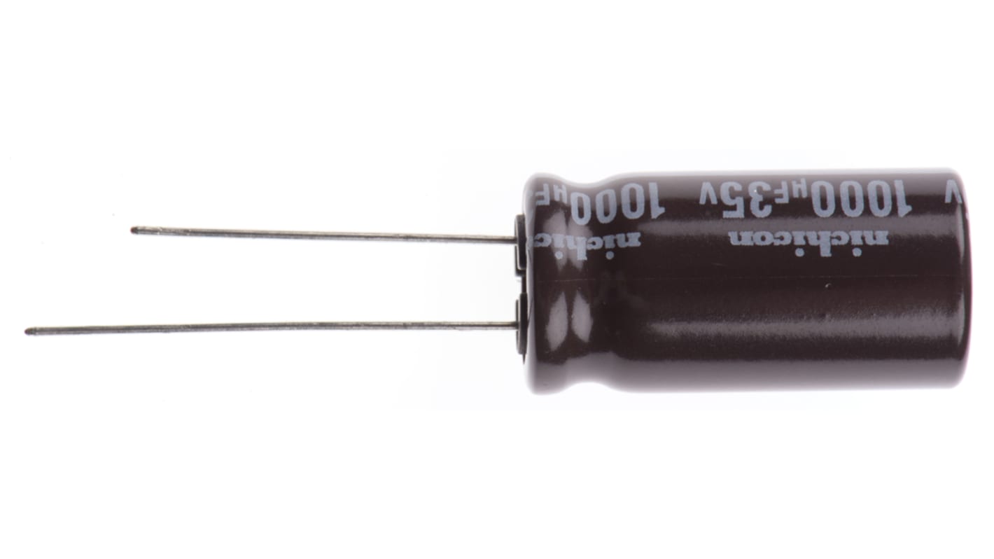 Condensador electrolítico Nichicon serie PS, 1000μF, ±20%, 35V dc, Radial, Orificio pasante, 12.5 (Dia.) x 25mm, paso