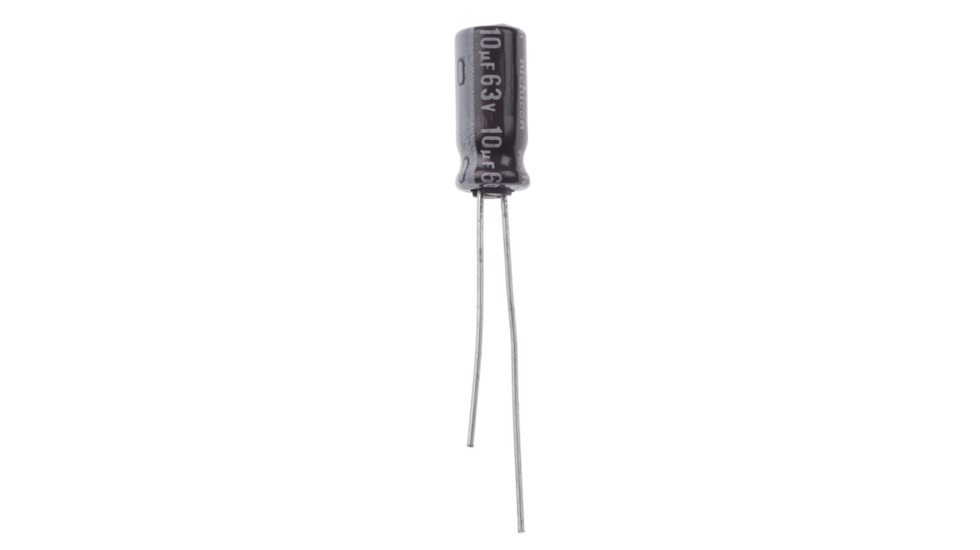 Condensador electrolítico Nichicon serie PS, 10μF, ±20%, 63V dc, mont. pasante, 5 (Dia.) x 11mm, paso 2mm