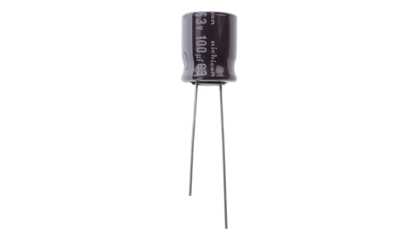 Nichicon 100μF Aluminium Electrolytic Capacitor 63V dc, Radial, Through Hole - UPS1J101MPD