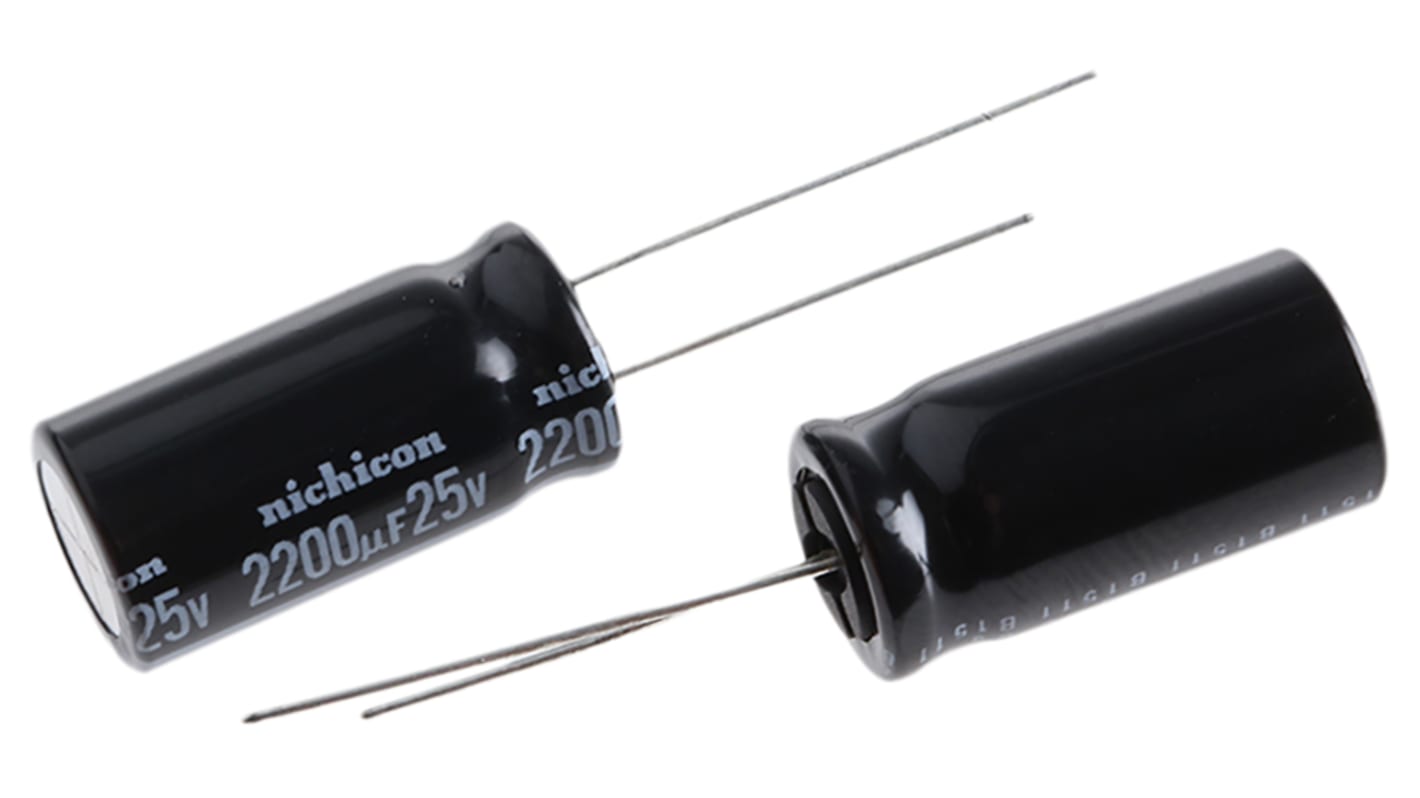 Nichicon 2200μF Aluminium Electrolytic Capacitor 25V dc, Radial, Through Hole - UVR1E222MHD