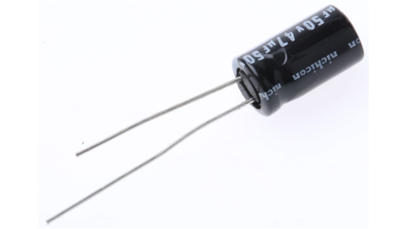 Condensador electrolítico Nichicon serie VR, 47μF, ±20%, 50V dc, Radial, Orificio pasante, 6.3 (Dia.) x 11mm, paso 2.5mm