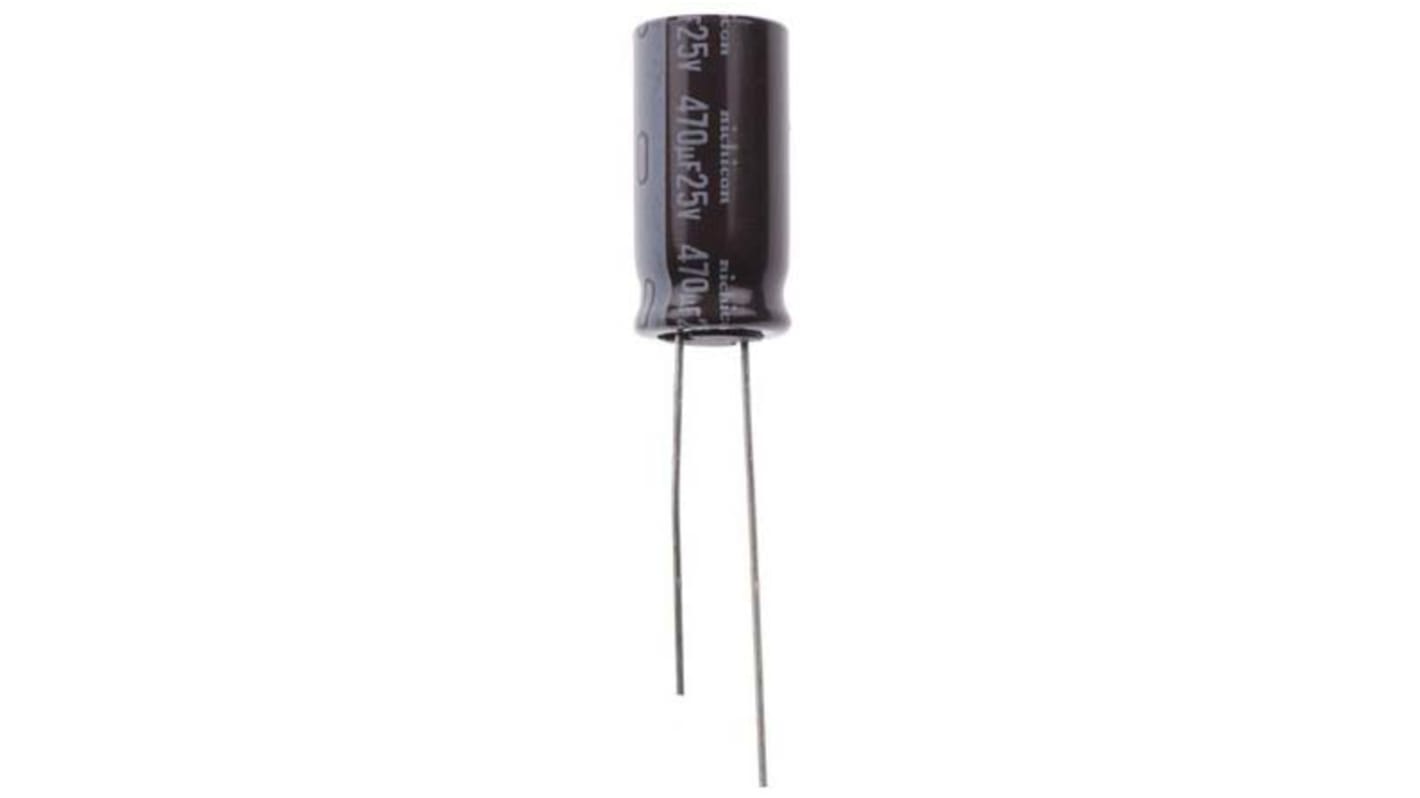 Condensador electrolítico Nichicon serie PM, 470μF, ±20%, 25V dc, Radial, Orificio pasante, 10 (Dia.) x 20mm, paso 5mm