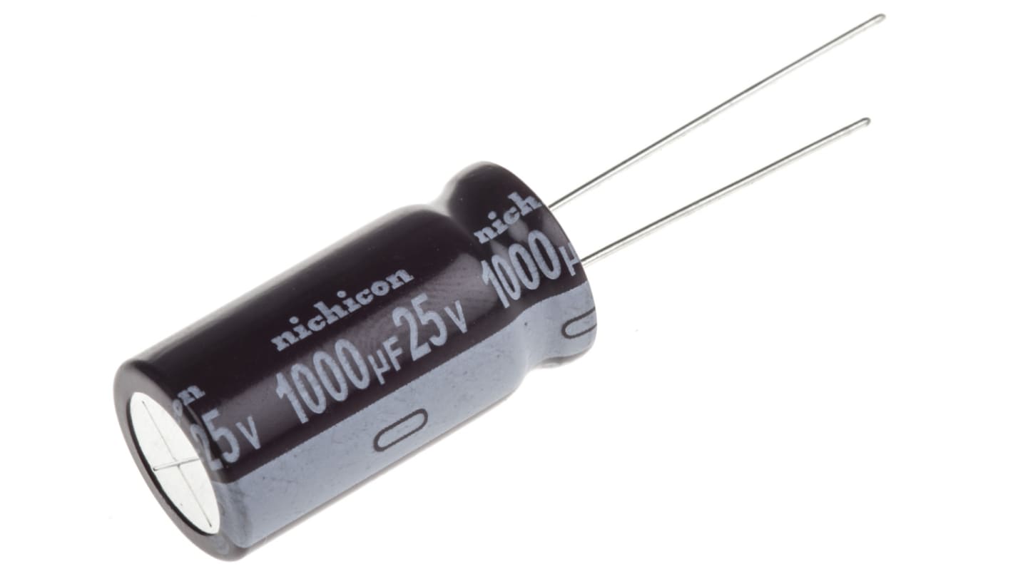 Nichicon 1000μF Aluminium Electrolytic Capacitor 25V dc, Radial, Through Hole - UPM1E102MHD