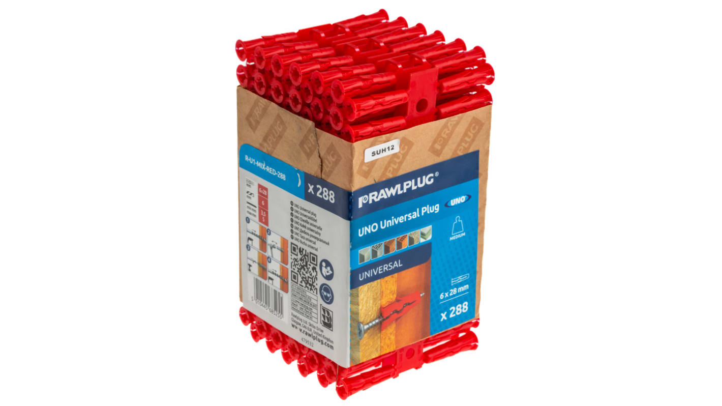 RU1MIXRED288 RawlPlug Red Plastic Wall Plug, 28mm Length, 6mm Fixing Hole Diameter RS