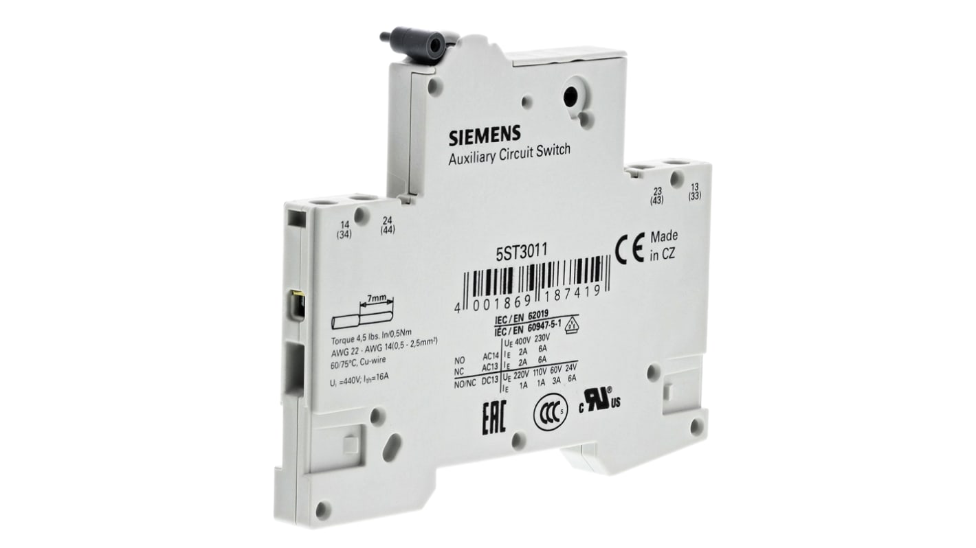 DIN Rail Mount, 2NO Kiegészítő érintkező, terminál típusa: Screw, 6 A, 230 V ac SENTRON