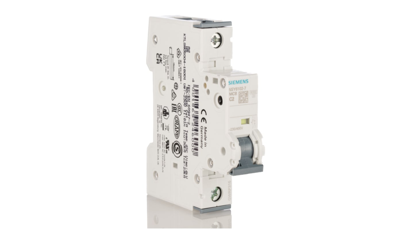 Siemens Sentron 5SY6 MCB, 1P, 2A Curve C, 230V AC, 6 kA Breaking Capacity