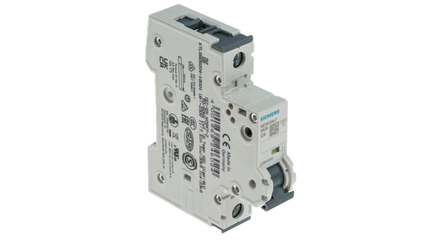 Disjoncteur Siemens 5SY6 1P, 4A, pouvoir de coupure 6 kA, montage rail DIN