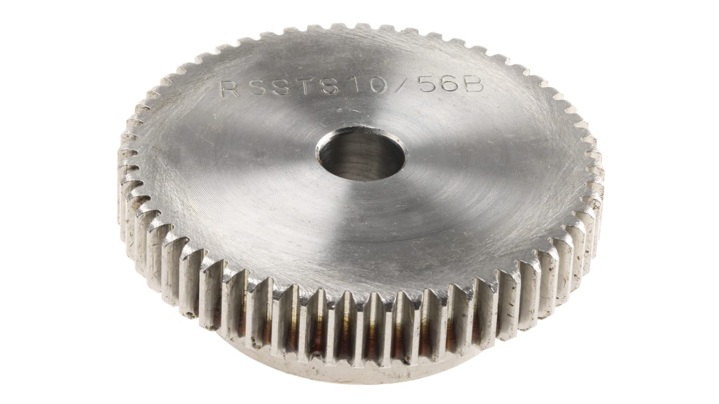 RS PRO Stainless Steel 56 Teeth Spur Gear, 1 Module, 10mm Bore Diam, 56mm Pitch Diam, 40mm Hub Diam