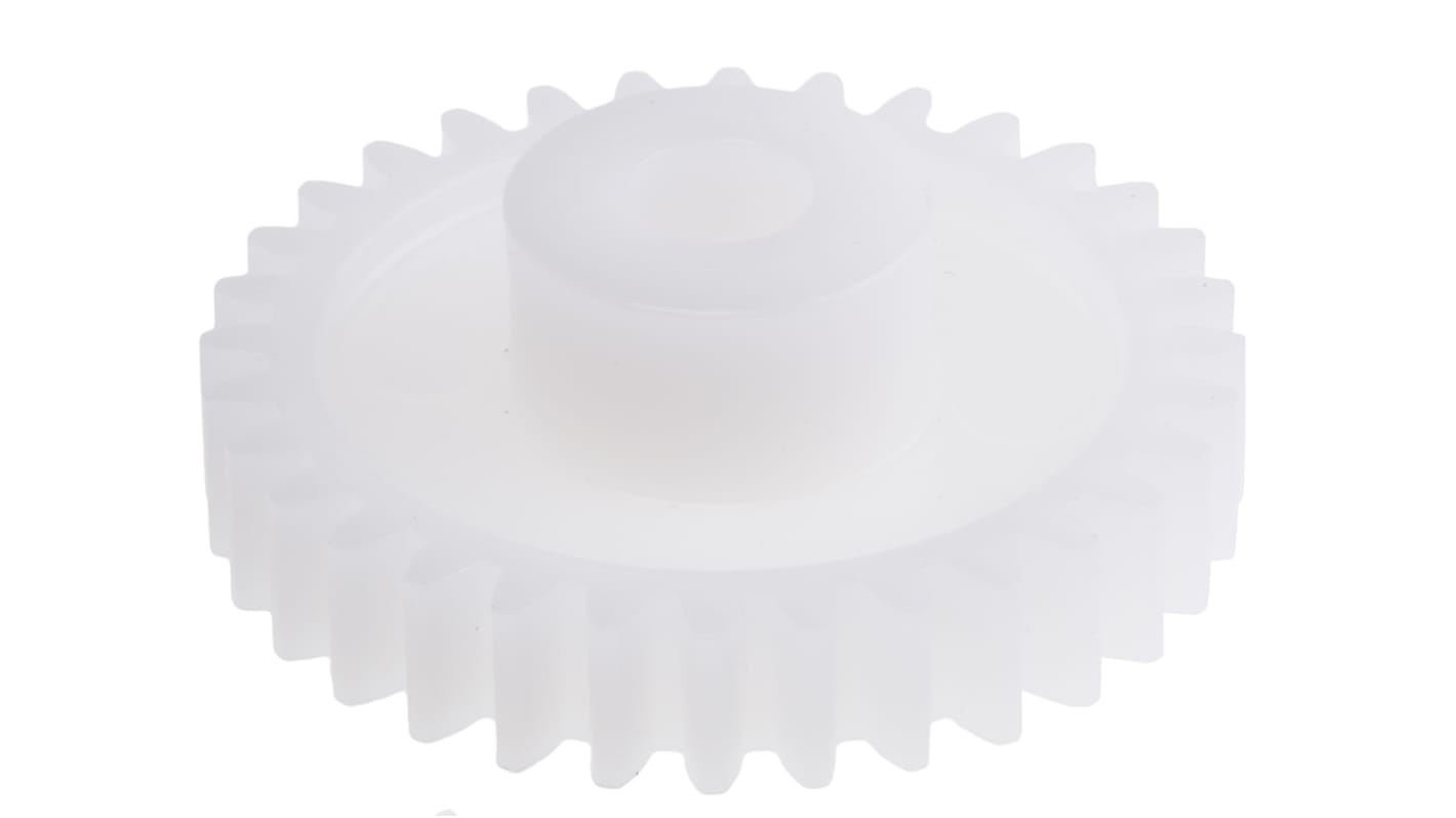 Ingranaggio cilindrico RS PRO, modulo 0.5, 36 denti, passo Ø 18mm, semigiunto Ø 10mm, foro Ø 5mm, in POM