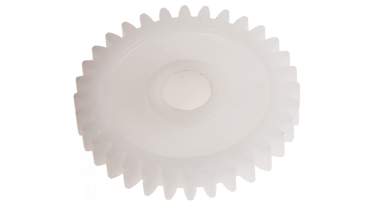 Ingranaggio cilindrico RS PRO, modulo 0.8, 32 denti, passo Ø 25.6mm, semigiunto Ø 12mm, foro Ø 6mm, in POM