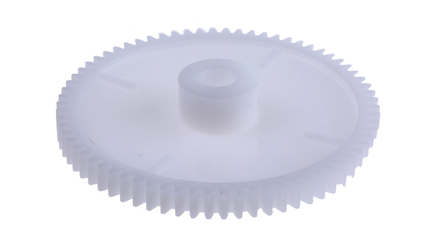 Ingranaggio cilindrico RS PRO, modulo 1, 70 denti, passo Ø 70mm, semigiunto Ø 18mm, foro Ø 8mm, in POM