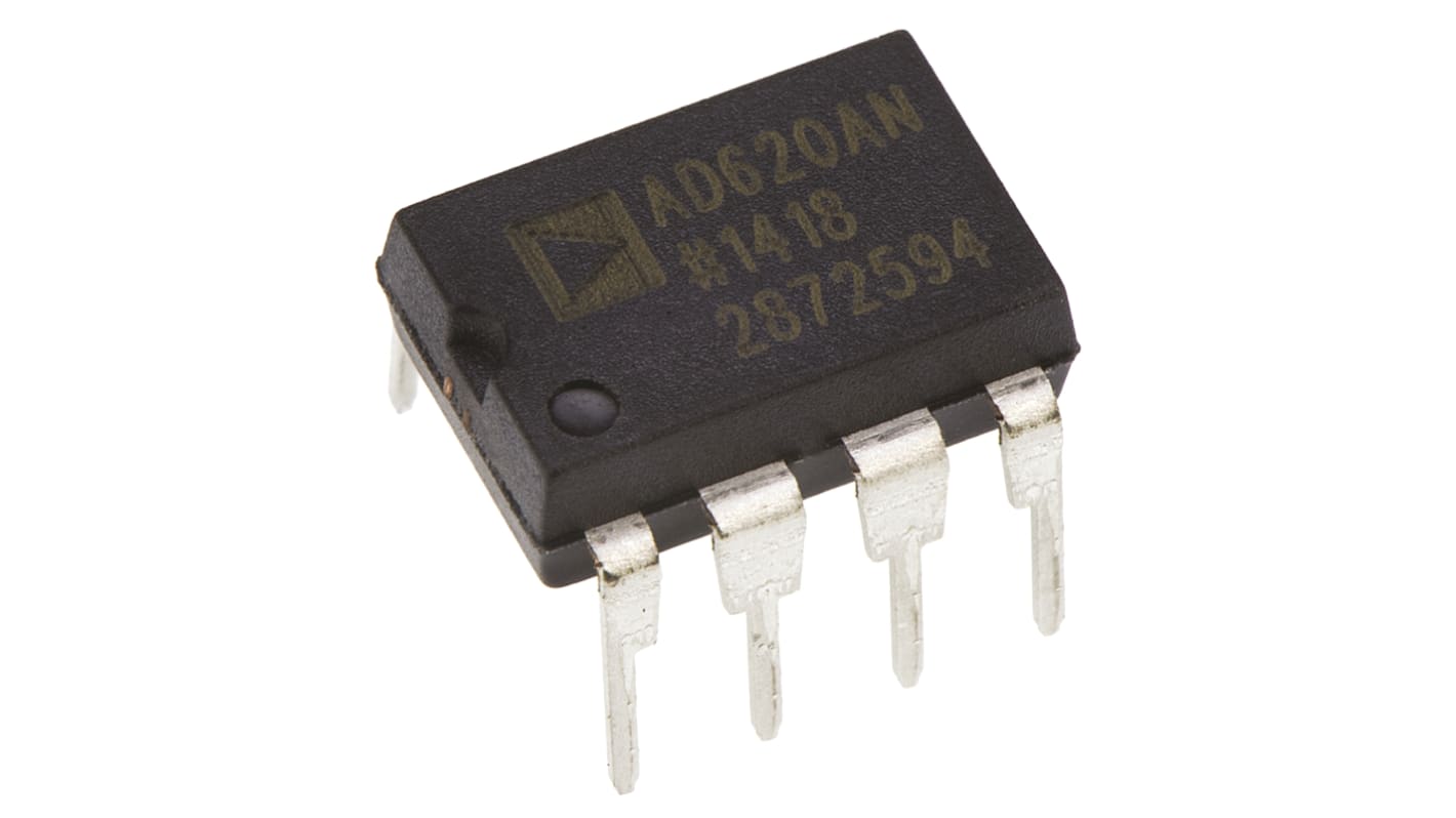 Analog Devices AD620ANZ Hangszererősítő, 0.125mV eltolási feszültség, 1MHz 73dB CMRR, 8-tüskés PDIP