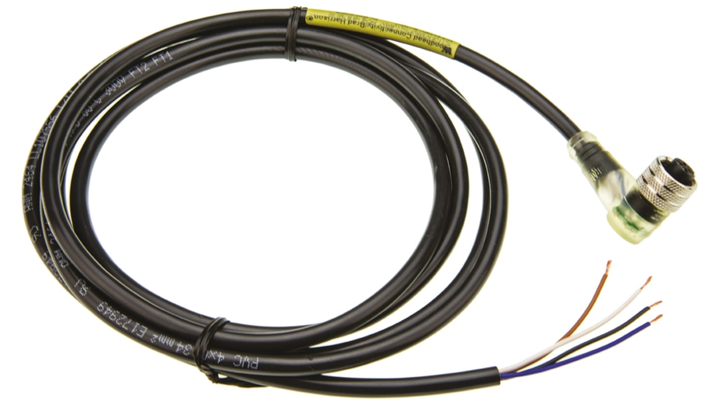 Brad from Molex Right Angle Female 4 way M12 to Straight Unterminated Sensor Actuator Cable, 2m