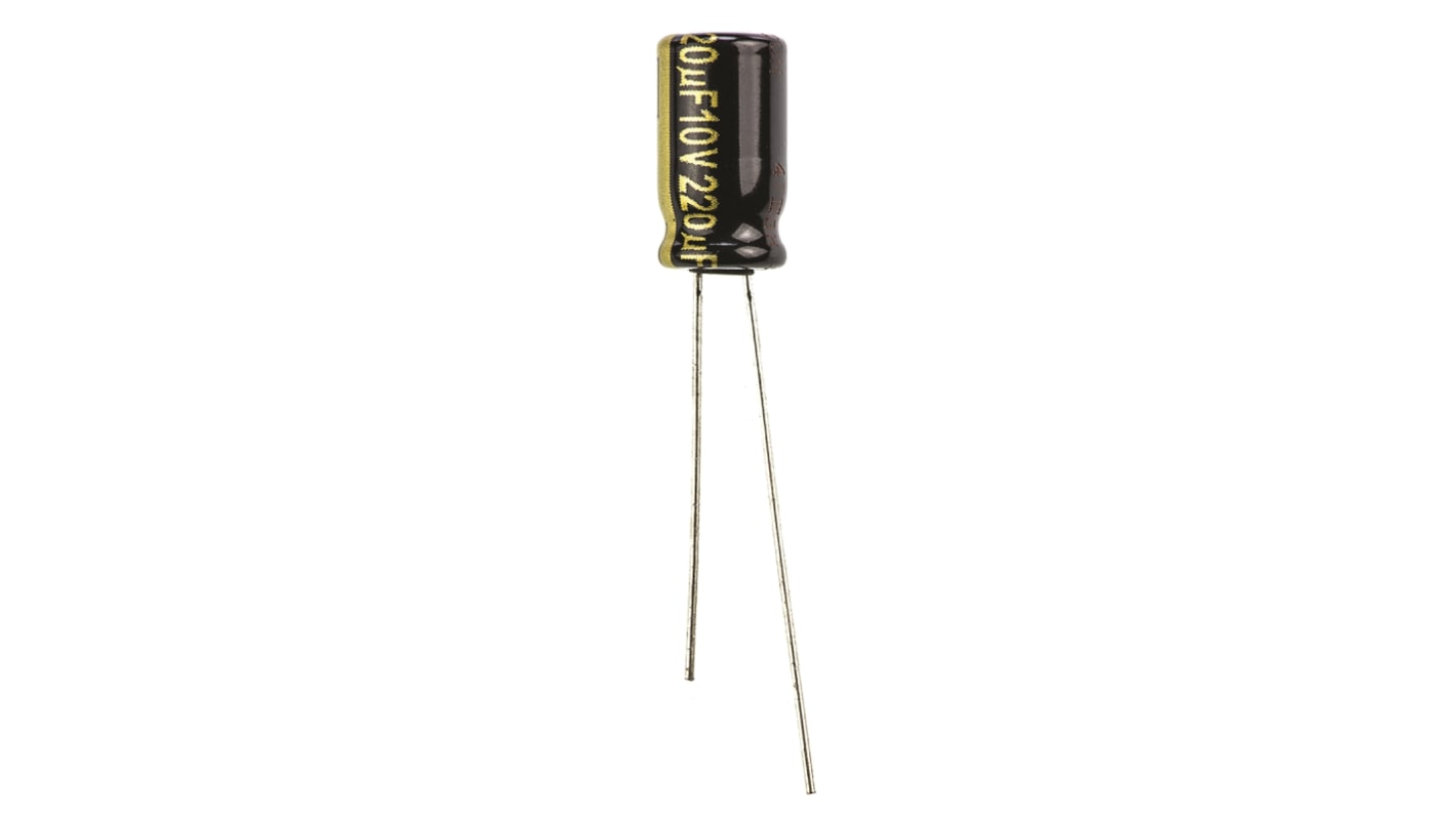 Condensador electrolítico Panasonic serie FM-A, 220μF, ±20%, 10V dc, Radial, Orificio pasante, 6 (Dia.) x 11.2mm, paso