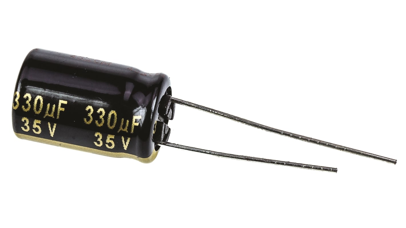 Condensador electrolítico Panasonic serie FM-A, 330μF, ±20%, 35V dc, Radial, Orificio pasante, 10 (Dia.) x 16mm, paso