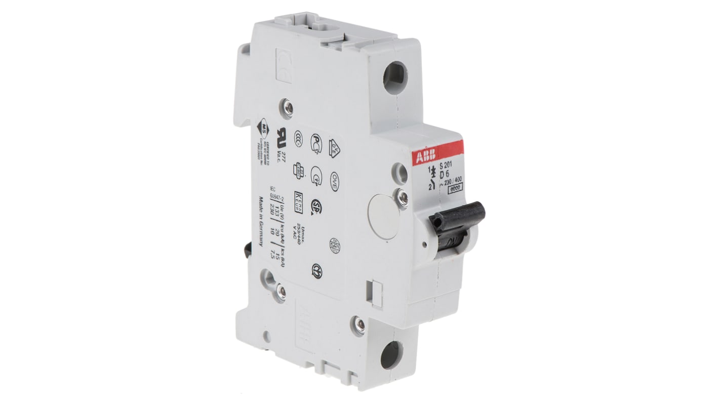 ABB System Pro M Compact S200 MCB, 1P, 6A Curve D, 253V AC, 72V DC, 6 kA Breaking Capacity