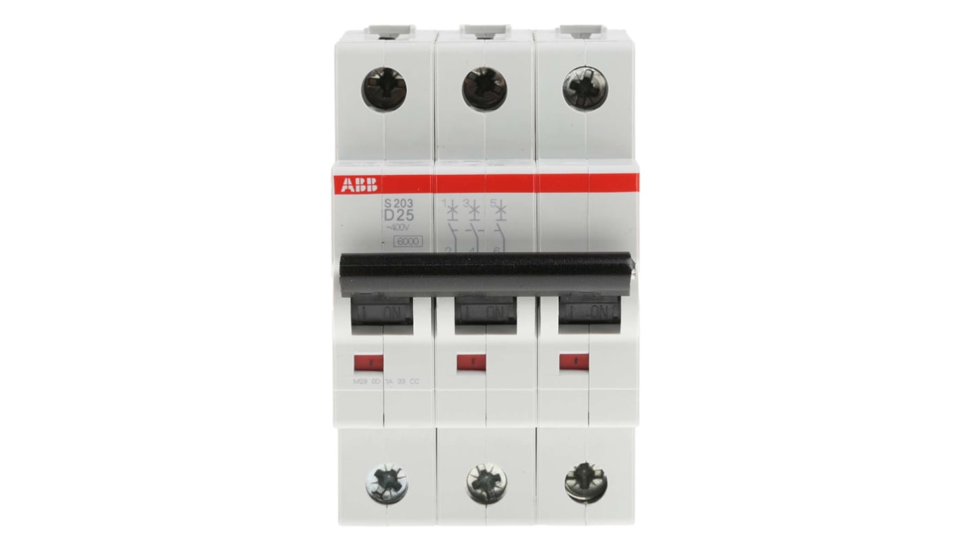 ABB S200 MCB Leitungsschutzschalter Typ D, 3-polig 25A 440V, Abschaltvermögen 6 kA System Pro M Compact