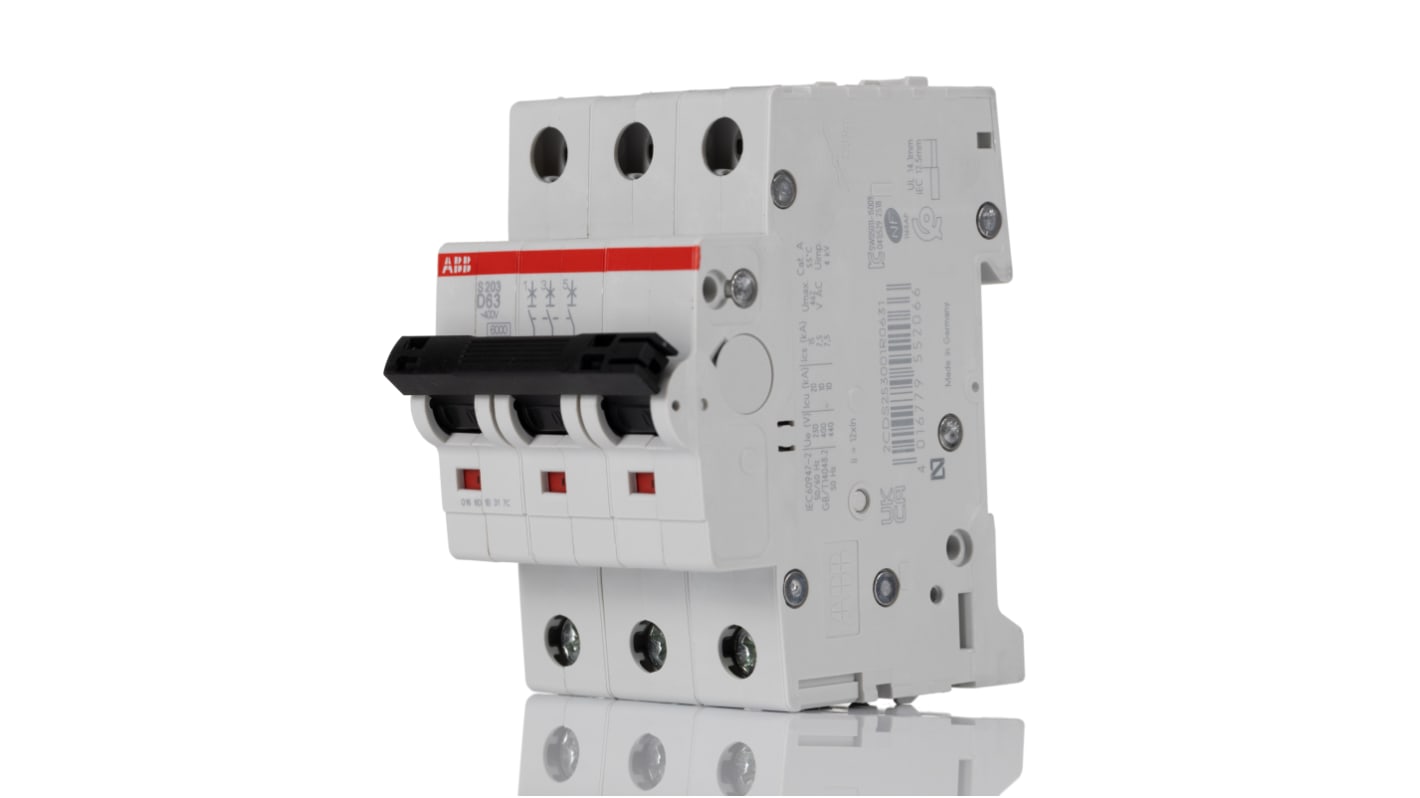 Interruptor automático 3P, 63A, Curva Tipo D, Poder de corte 6 kA S203-D63, System Pro M Compact, Montaje en Carril DIN