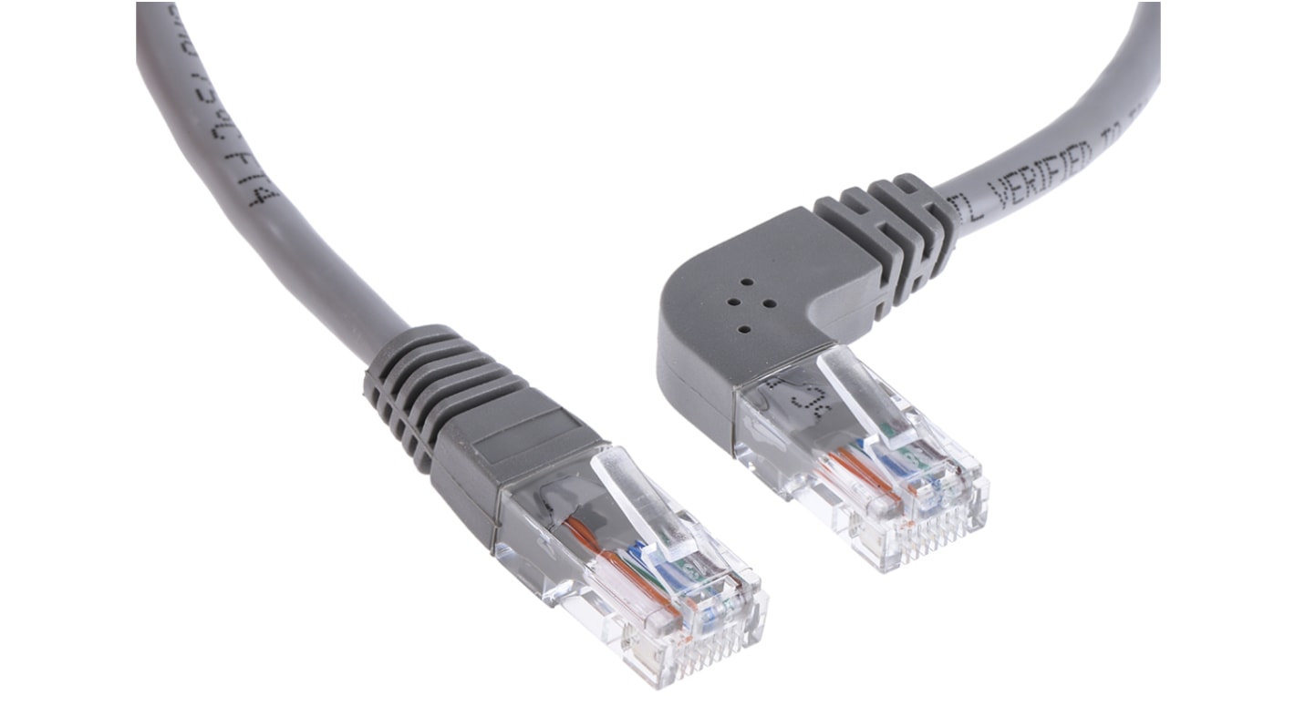 RS PRO Cat5e Straight Male RJ45 to Right Angle Male RJ45 Ethernet Cable, U/UTP, Grey PVC Sheath, 1m