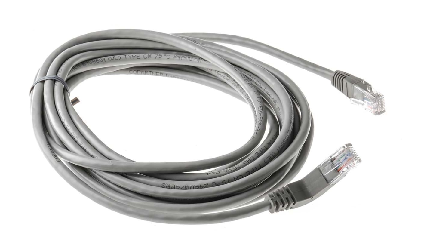 RS PRO Cat5e Male RJ45 to Male RJ45 Ethernet Cable, U/UTP, Grey PVC Sheath, 5m