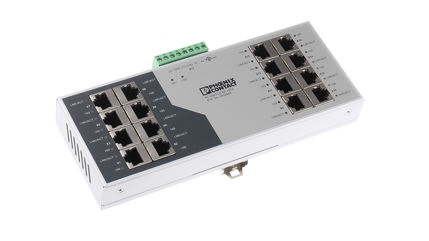 Phoenix Contact FL SWITCH SF 16TX Series DIN Rail Mount Ethernet Switch, 16 RJ45 Ports, 100Mbit/s Transmission, 24V dc