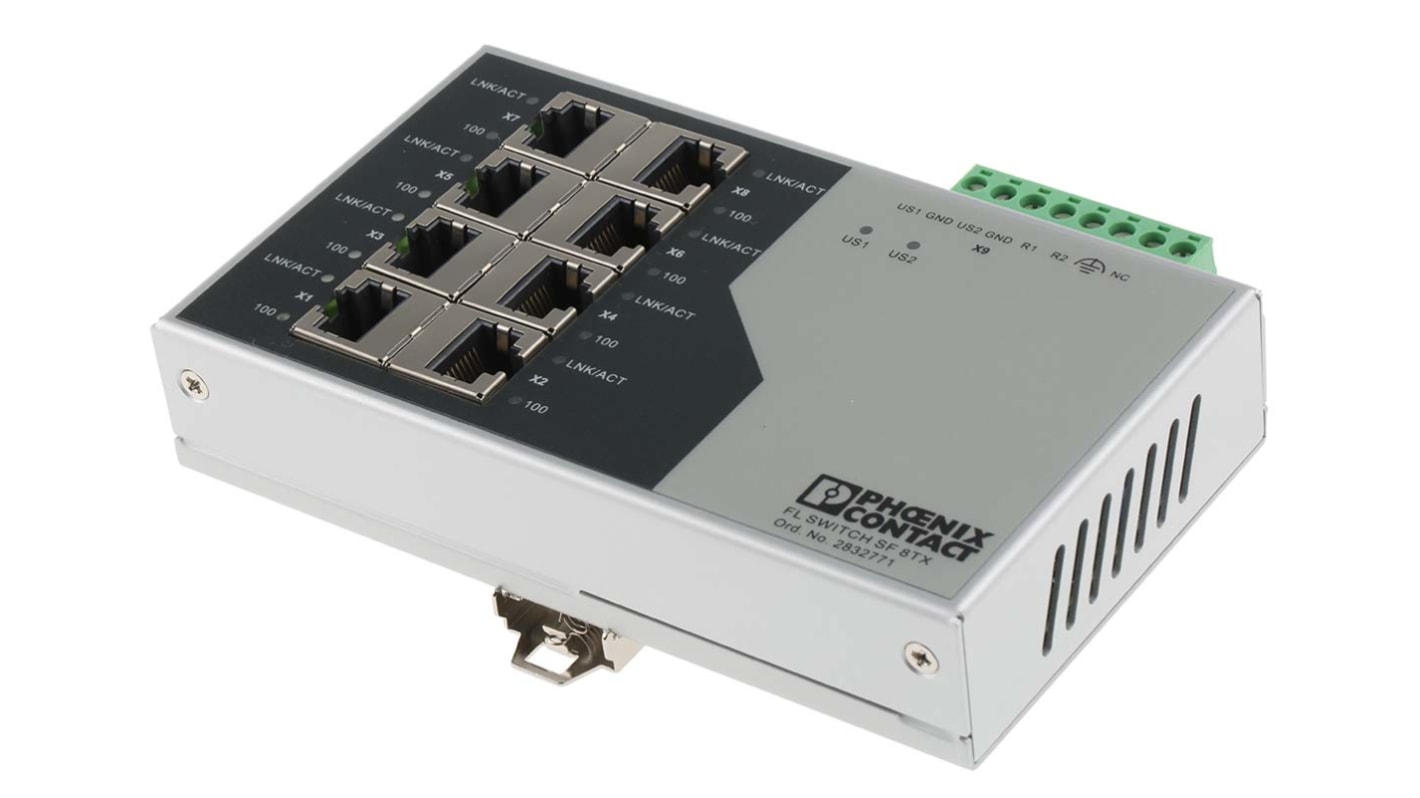 Phoenix Contact FL SWITCH SF 8TX Series DIN Rail Mount Ethernet Switch, 8 RJ45 Ports, 100Mbit/s Transmission, 24V dc