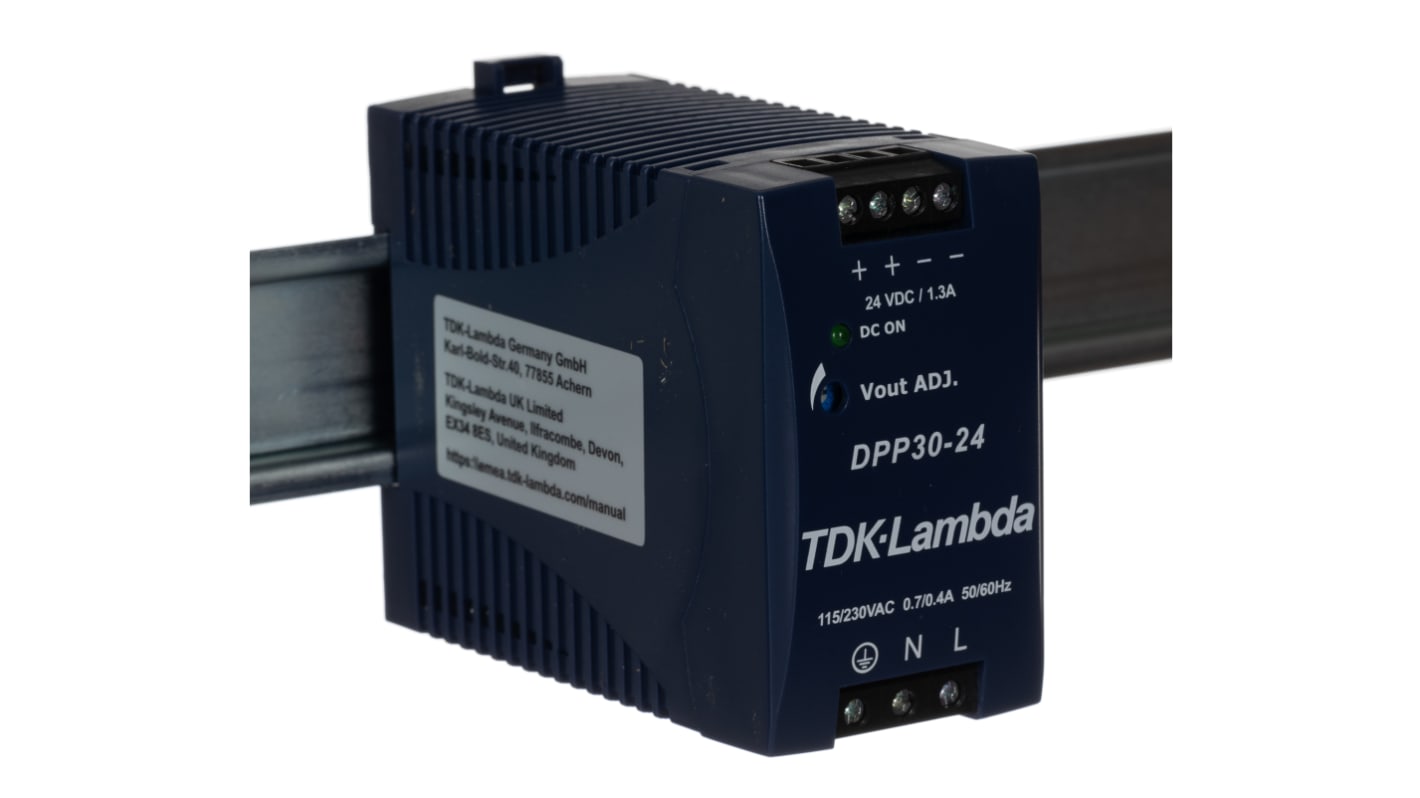 Alimentation pour rail DIN TDK-Lambda, série DPP, 24V c.c.out 1.3A, 85 → 264 V ac / 90 → 375V c.c.in, 30W