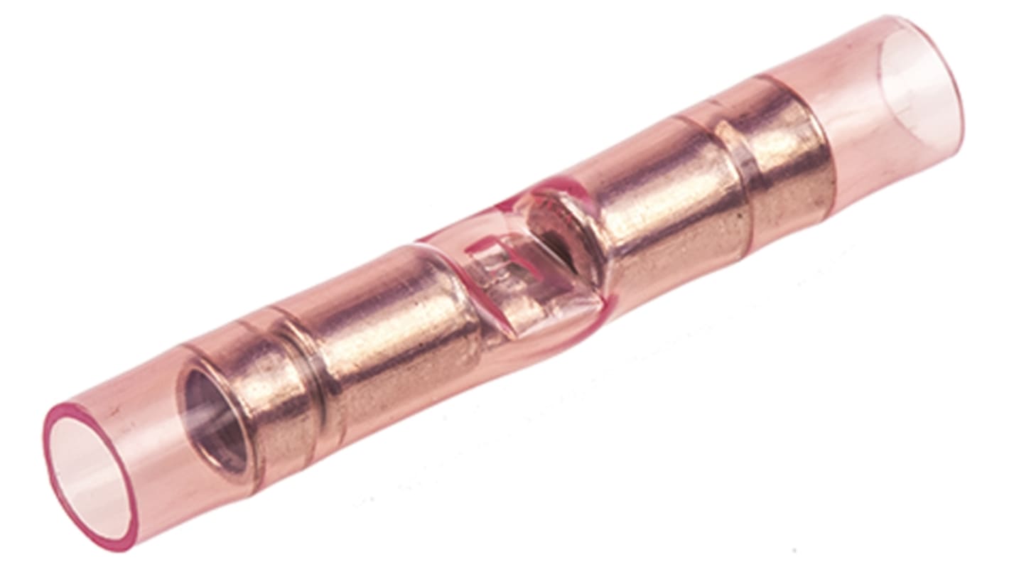 TE Connectivity, PIDG Butt Splice Connector, Red, Insulated, Tin 22 → 16 AWG