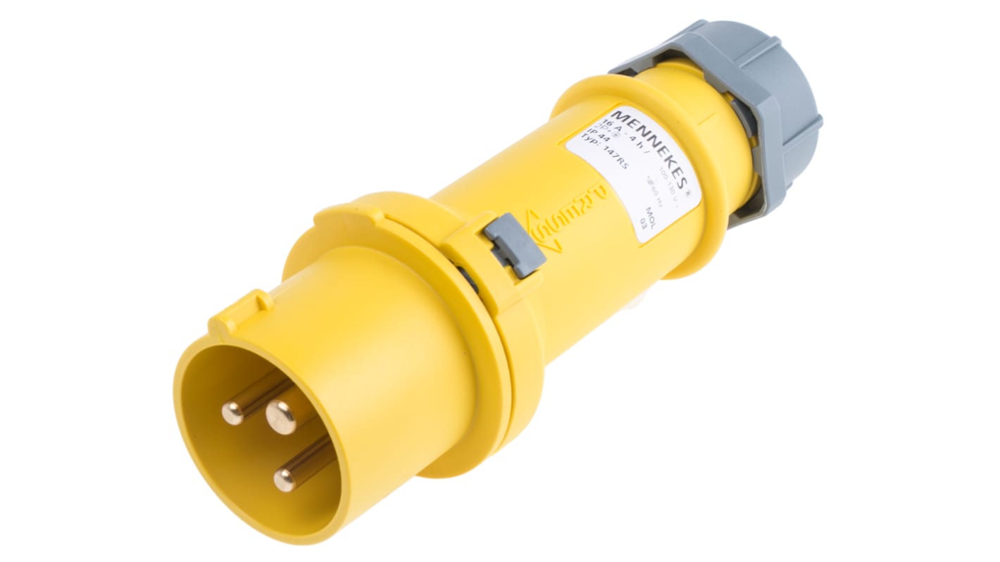 MENNEKES, ProTOP IP44 Yellow Cable Mount 3P Industrial Power Plug, Rated At 16A, 110 V