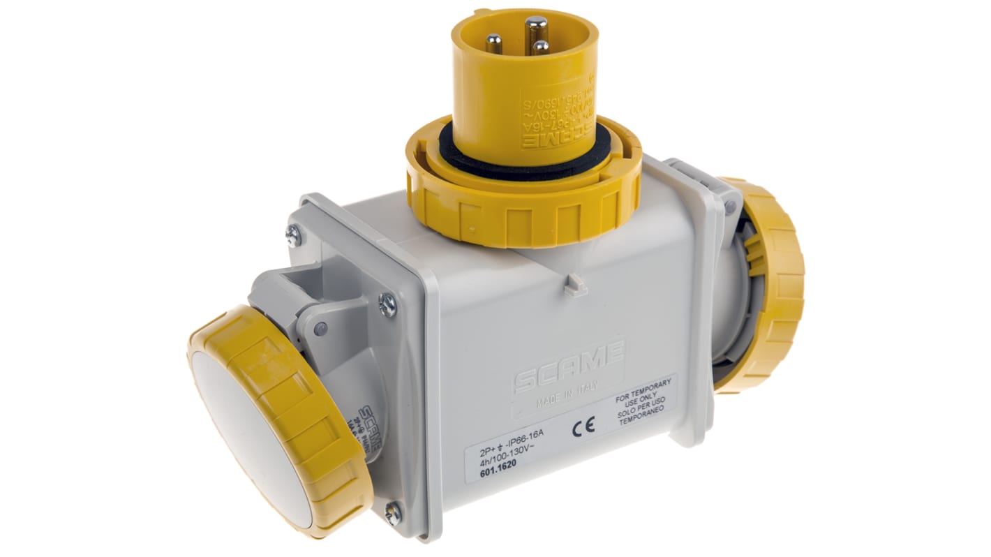 Scame IP66 Yellow 1 x 2P + E, 2 x 2P + E Industrial Power Connector Adapter Plug, Socket, Rated At 16A, 110 V