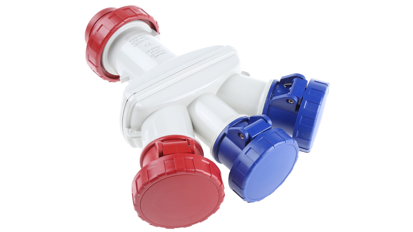 Adaptador para conector de potencia industrial, Formato 1 x 3P + N + E, 1 x 3P + E, 2 x 1P + E, Rojo, 415 V, 16A, IP66