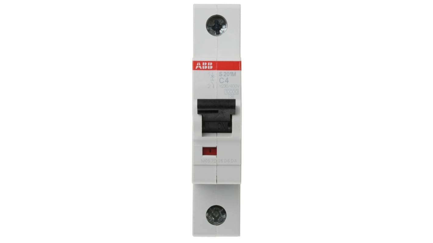 ABB System Pro M Compact S200M MCB, 1P, 4A Curve C, 253V AC, 72V DC, 10 kA Breaking Capacity