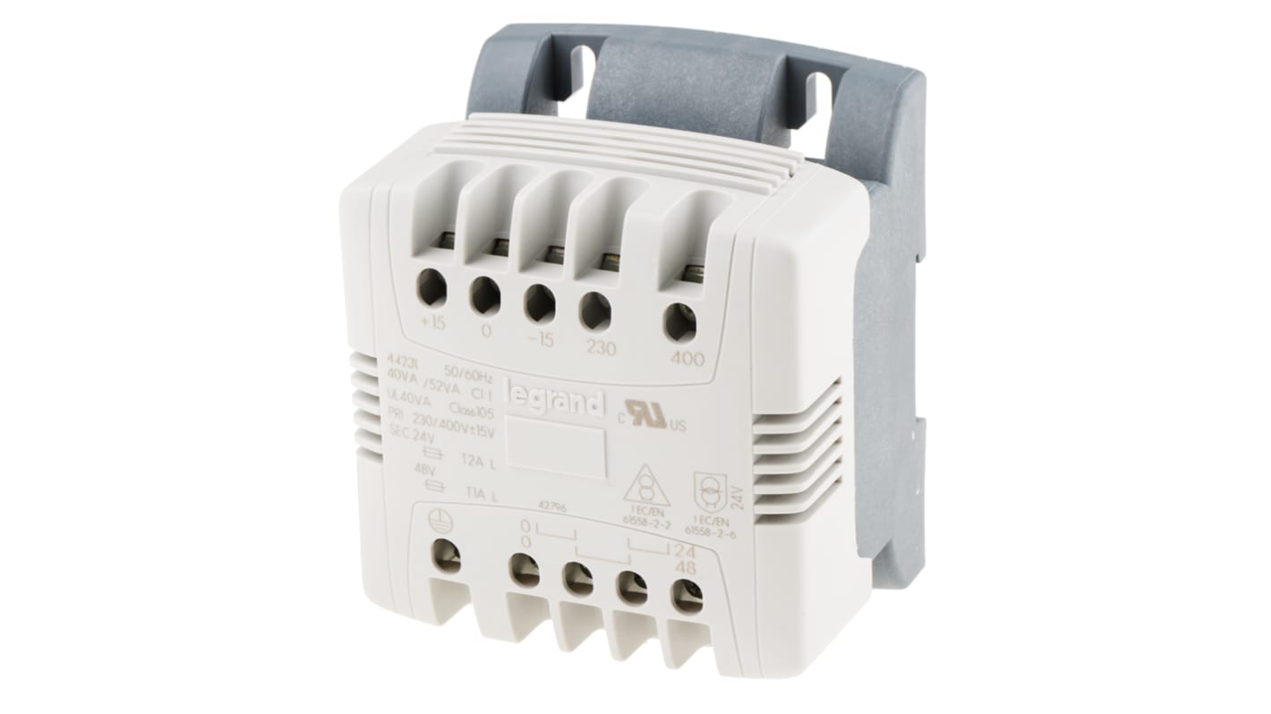 Legrand 40VA DIN Rail Transformer, 215V ac, 230V ac, 245V ac, 385V ac, 400V ac, 415V ac Primary, 24V ac Secondary