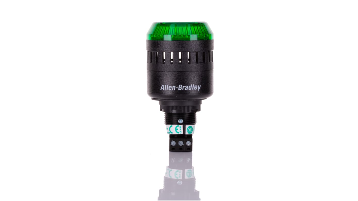 Indicator luminoso y acústico LED Allen Bradley 855PC, 240 Vac, Verde, Intermitente, Constante, 98dB @ 1m