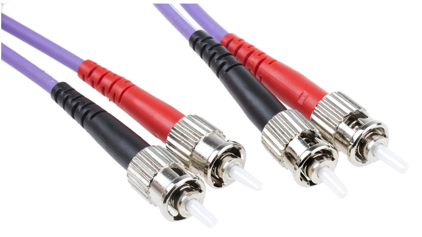 RS PRO ST to ST Duplex Multi Mode OM3 Fibre Optic Cable, 50/125μm, Purple, 2m