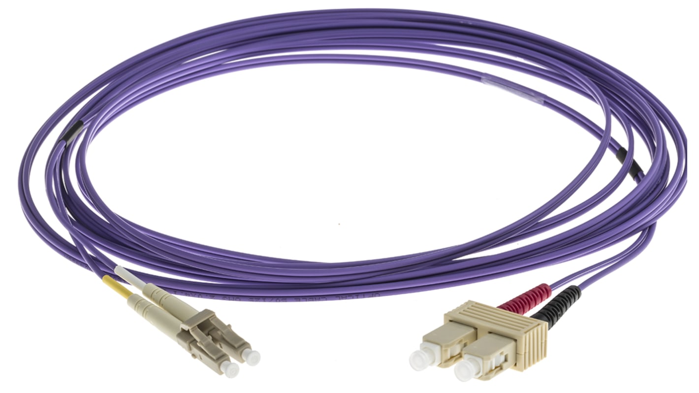 Cable de fibra óptica RS PRO OM3, con A: LC, con B: SC, long. 5m, funda libre de halógenos y bajo nivel de humo Morado,