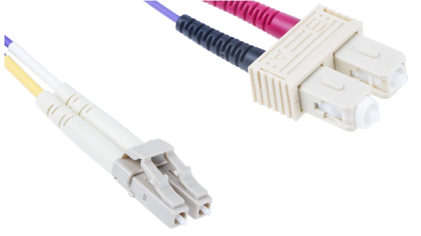 Cable de fibra óptica RS PRO OM3, con A: LC, con B: SC, long. 2m, funda de , funda libre de halógenos y bajo nivel de