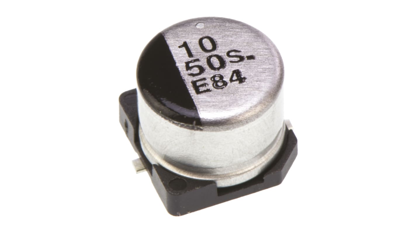 Condensador electrolítico Panasonic serie S, 10μF, ±20%, 50V dc, mont. SMD, 6.3 (Dia.) x 5.4mm