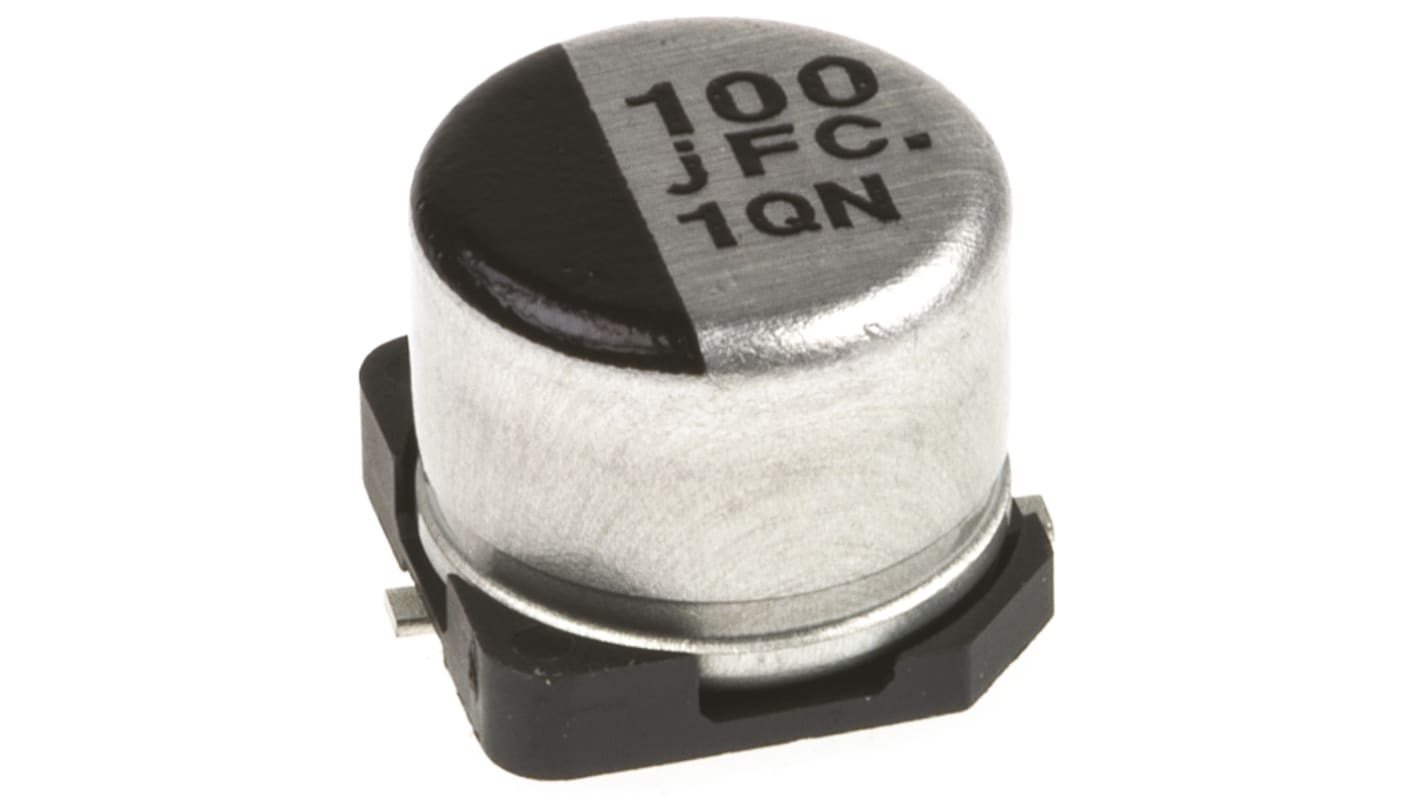 Condensador electrolítico Panasonic serie FC SMD, 100μF, ±20%, 6.3V dc, mont. SMD, 6.3 (Dia.) x 5.4mm, paso 1.8mm