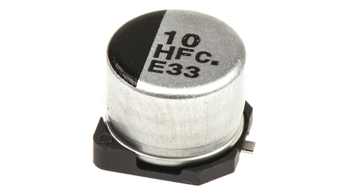 Condensador electrolítico Panasonic serie FC SMD, 10μF, ±20%, 50V dc, mont. SMD, 6.3 (Dia.) x 5.4mm, paso 1.8mm